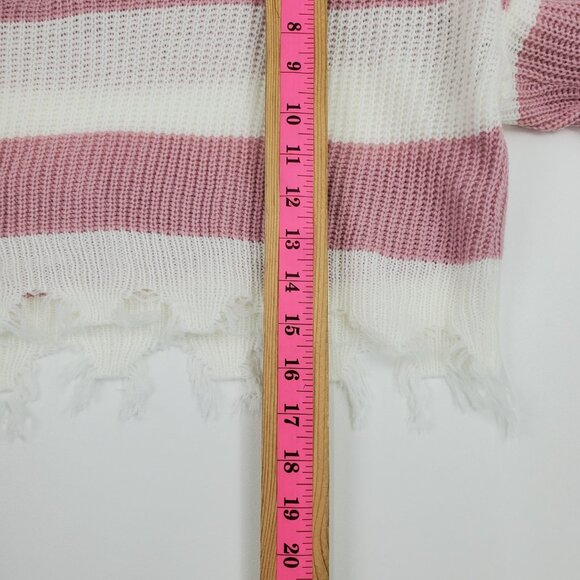 Womens L Striped Distressed Cropped Sweater Pink White Long Sleeve Grunge Y2K - Picture 16 of 16